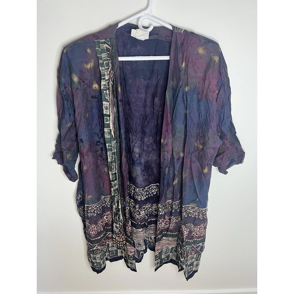 Vtg Or-Lee Made in USA 100% Rayon Kimono‎ Shaw Coverup Tribal Abstract Artsy